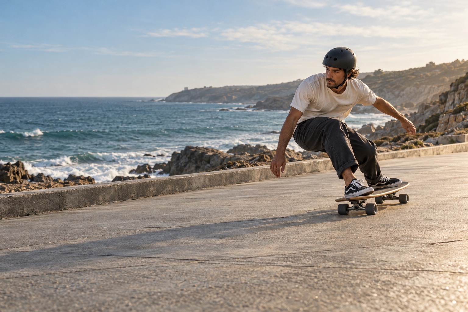 A helmeted rider carving a surfskate along a sunlit coastal promenade